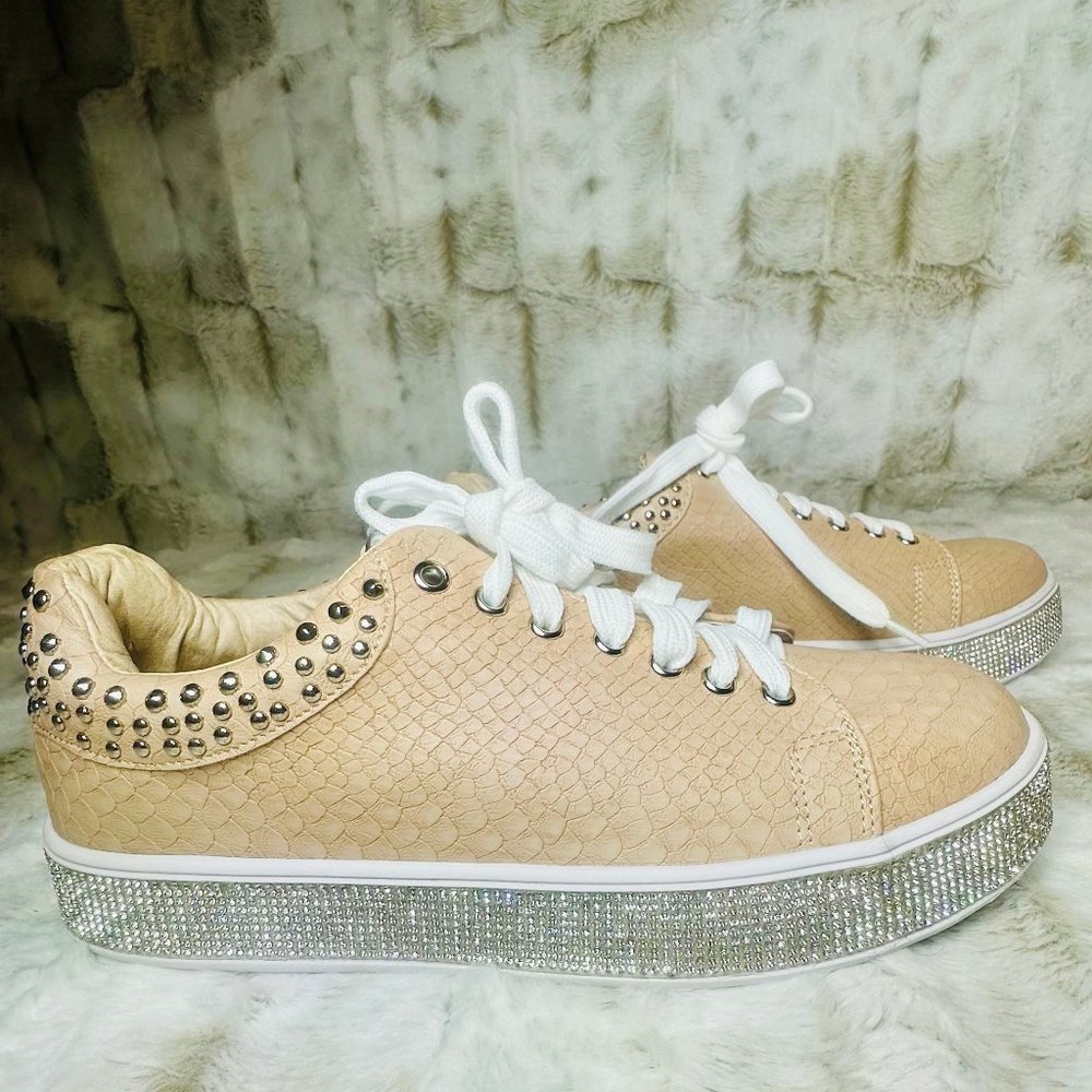 Pazzle Nude Rhinestone & Stud Collar Platform Sneakers